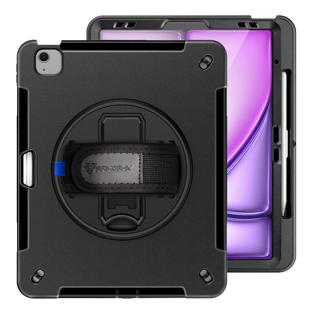 RIN-iPad-A6 | iPad Air 13 (M2) / (M3) / (M4) | Rainproof military grade rugged case with hand strap & kick-stand (built-in screen protector) - Image 11