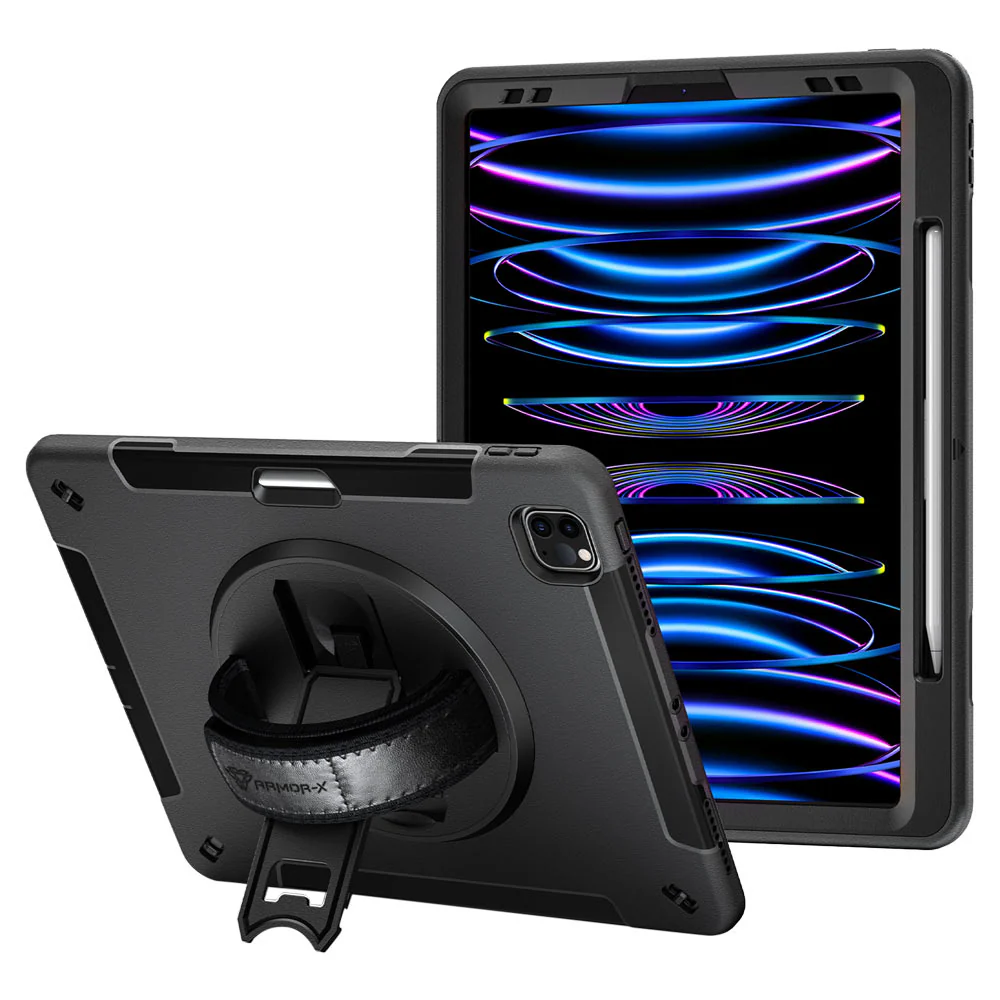 RIN-iPad-PR7 | iPad Pro 12.9 ( 3rd / 4th / 5th / 6th Gen. ) 2018 / 2020 / 2021 / 2022 | Rainproof military grade rugged case with hand strap & kick-stand & pen holder