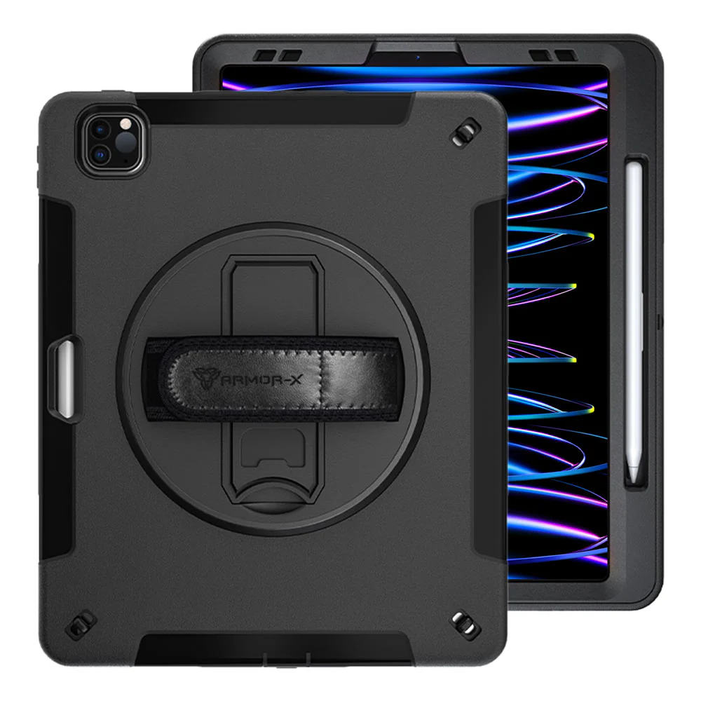 RIN-iPad-PR7 | iPad Pro 12.9 ( 3rd / 4th / 5th / 6th Gen. ) 2018 / 2020 / 2021 / 2022 | Rainproof military grade rugged case with hand strap & kick-stand & pen holder - Image 8