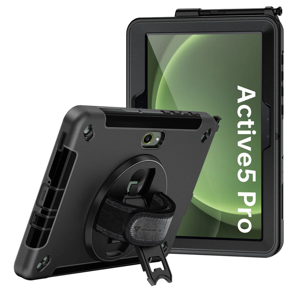 RIN-SS-X350 | Samsung Galaxy Tab Active5 Pro (10.1-inch) SM-X350 SM-X356 SM-X358 / Active4 Pro / Active Pro | Rainproof military grade rugged case with hand strap and kick-stand