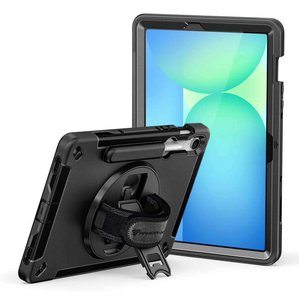 RIN-SS-X510 | Samsung Galaxy Tab S10 FE SM-X520 X526 X528 / S10 Lite SM-X400 X406 | Rainproof military grade rugged case with hand strap and kick-stand