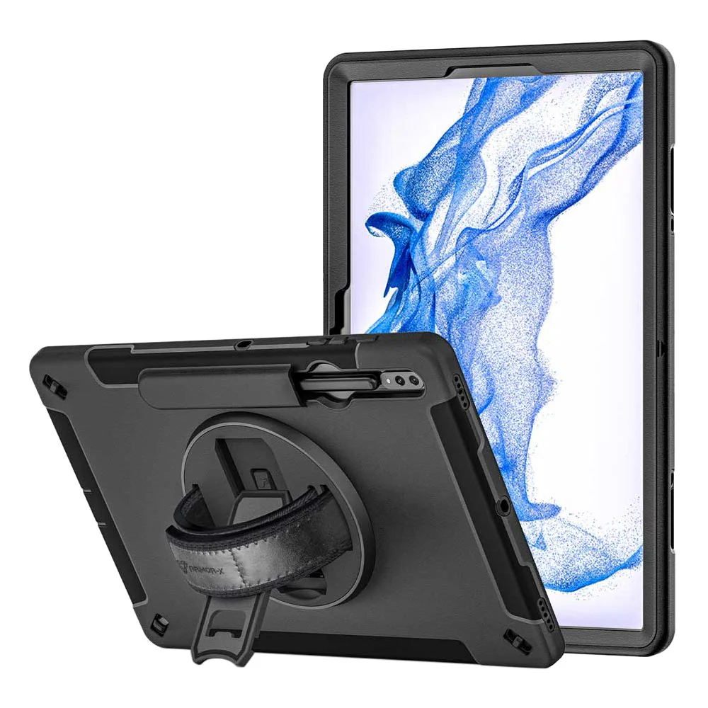 RIN-SS-X800 | Samsung Galaxy Tab S8+ S8 Plus SM-X800 / X806 & S7+ / S7 FE | Rainproof military grade rugged case with hand strap and kick-stand