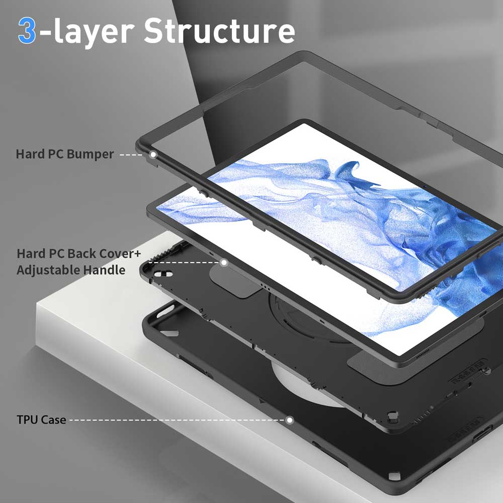 RIN-SS-X800 | Samsung Galaxy Tab S8+ S8 Plus SM-X800 / X806 & S7+ / S7 FE | Rainproof military grade rugged case with hand strap and kick-stand - Image 7