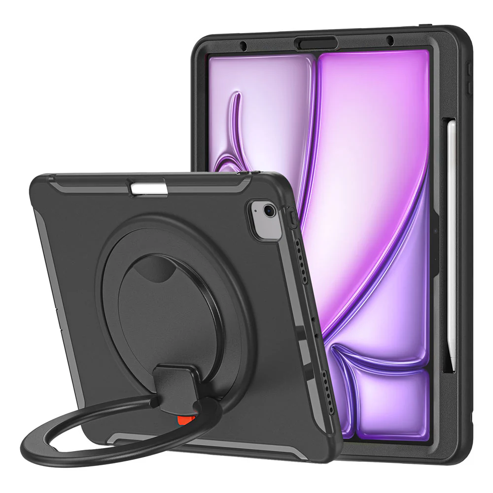 RON-iPad-A6 | iPad Air 13 (M2) / (M3) / (M4) | Rugged case with kick-stand & pencil Holder & folding grip