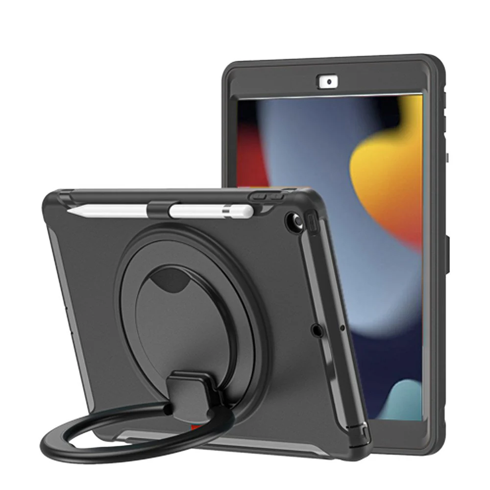 RON-iPad-N4 | iPad 10.2 (9th Gen.) 2021 | Rugged case with kick-stand & pencil Holder & folding grip