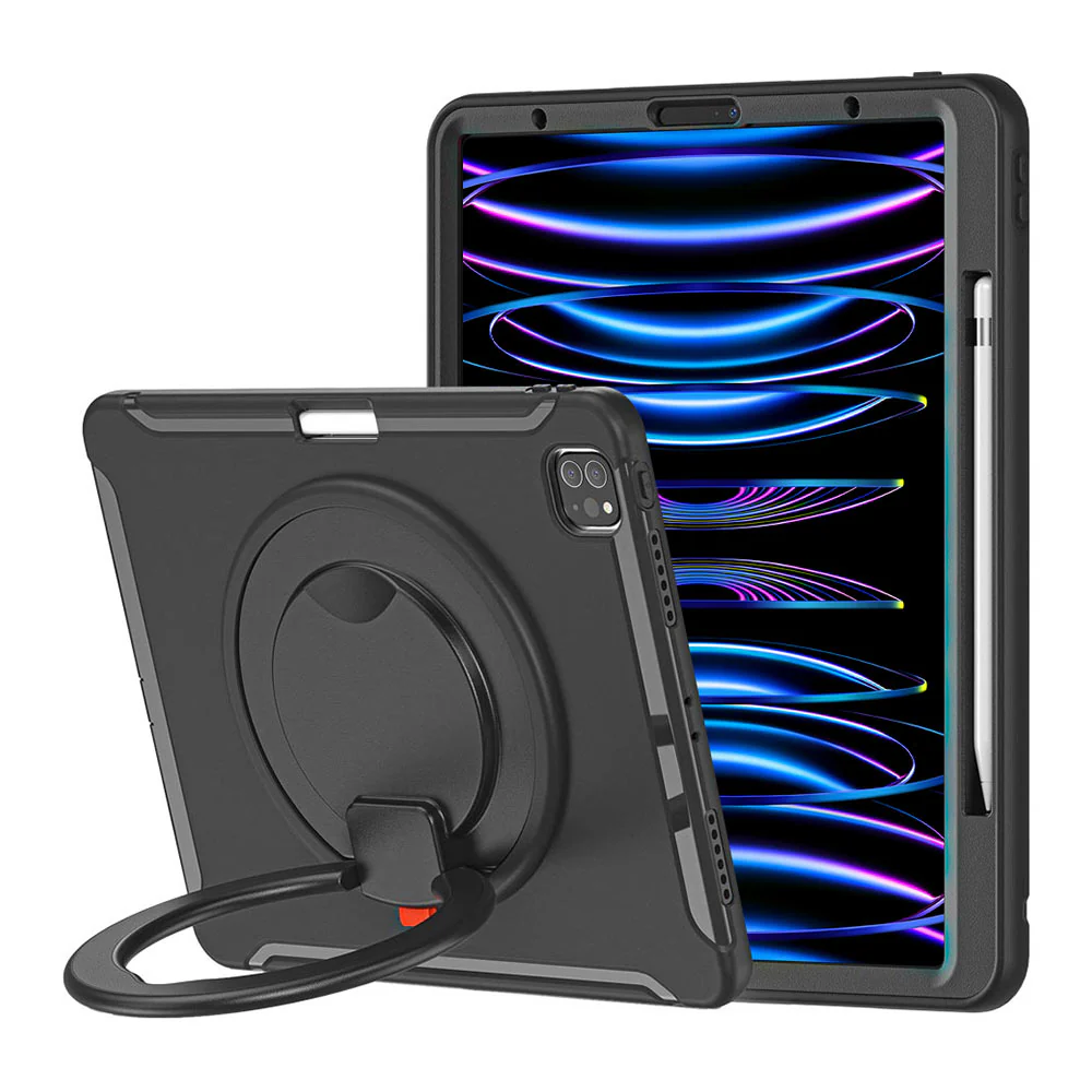RON-iPad-PR9 | iPad Pro 12.9 ( 3rd / 4th / 5th / 6th Gen. ) 2018 / 2020 / 2021 / 2022 | Rugged case with kick-stand & pencil Holder & folding grip