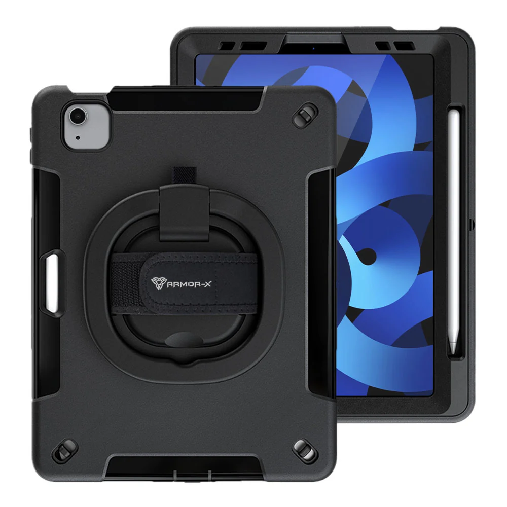 SKN-iPad-A4 | iPad Air 4 2020 / iPad Air 5 2022 | Rainproof military grade rugged case with hand strap and kick-stand & folding grip