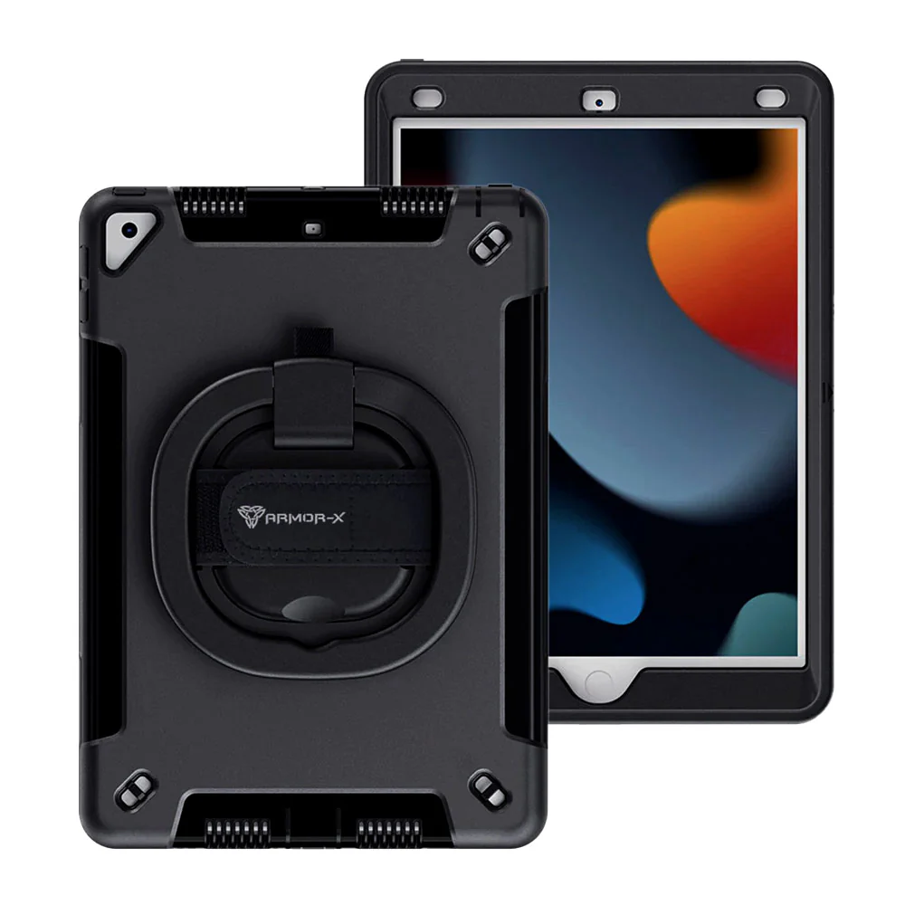 SKN-iPad-N4 | iPad 10.2 (9th Gen.) 2021 | Rainproof military grade rugged case with hand strap and kick-stand & folding grip