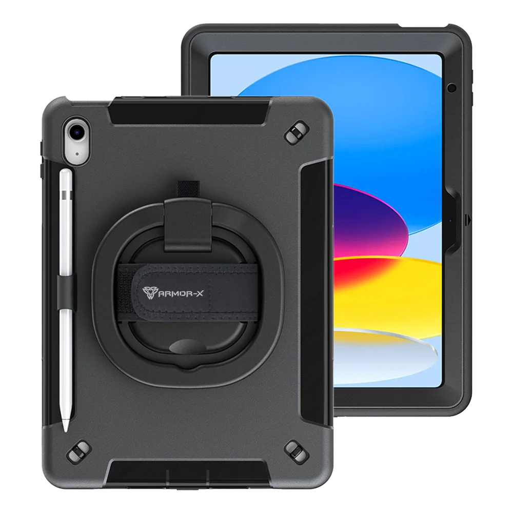 SKN-iPad-N5 | iPad 11-Inch (11th Gen / A16) | Rainproof military grade rugged case with hand strap and kick-stand & folding grip