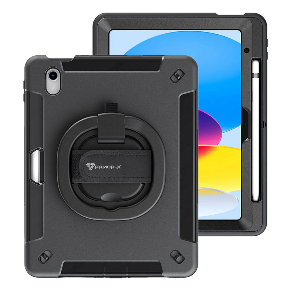 SKN-iPad-N5P | iPad 11-Inch (11th Gen / A16) | Rainproof military grade rugged case with hand strap and kick-stand & folding grip & Built in pen holder