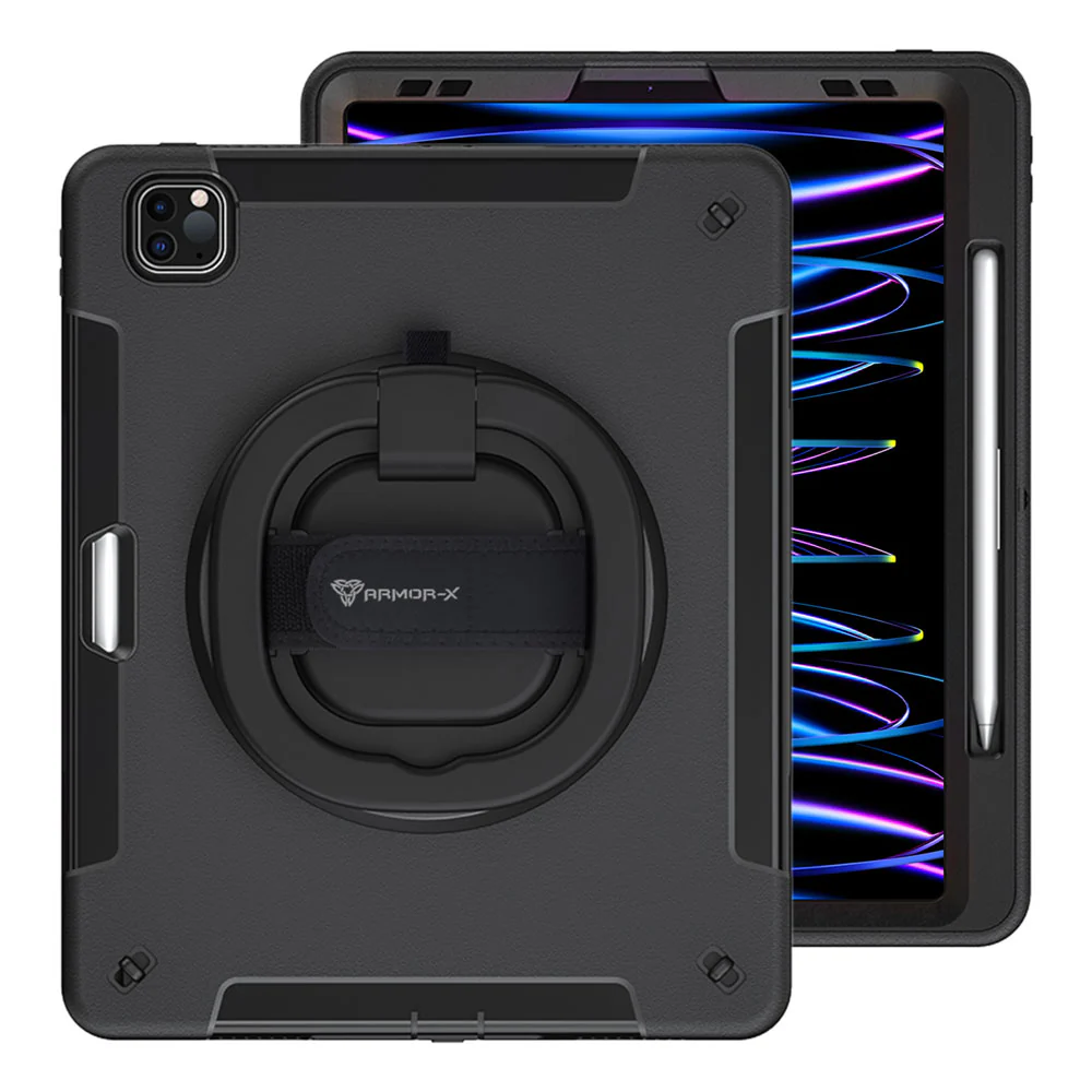 SKN-iPad-PR9 | iPad Pro 12.9 ( 5th / 6th Gen ) 2021 / 2022 | Rainproof military grade rugged case with hand strap and kick-stand & folding grip