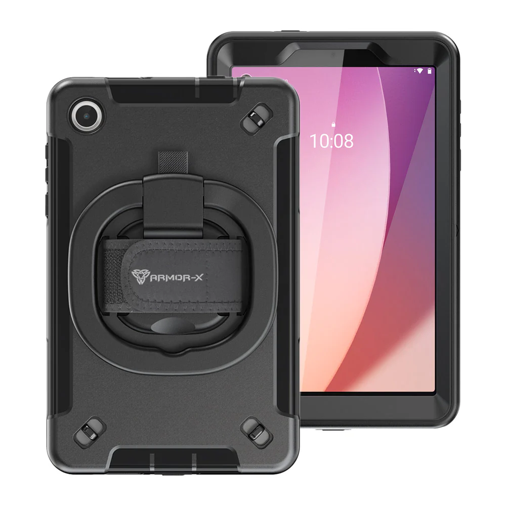 SKN-LN-M8G4 | Lenovo Tab M8 (4th Gen) 2024 TB301 / TB300 | Rainproof military grade rugged case with hand strap and kick-stand & folding grip