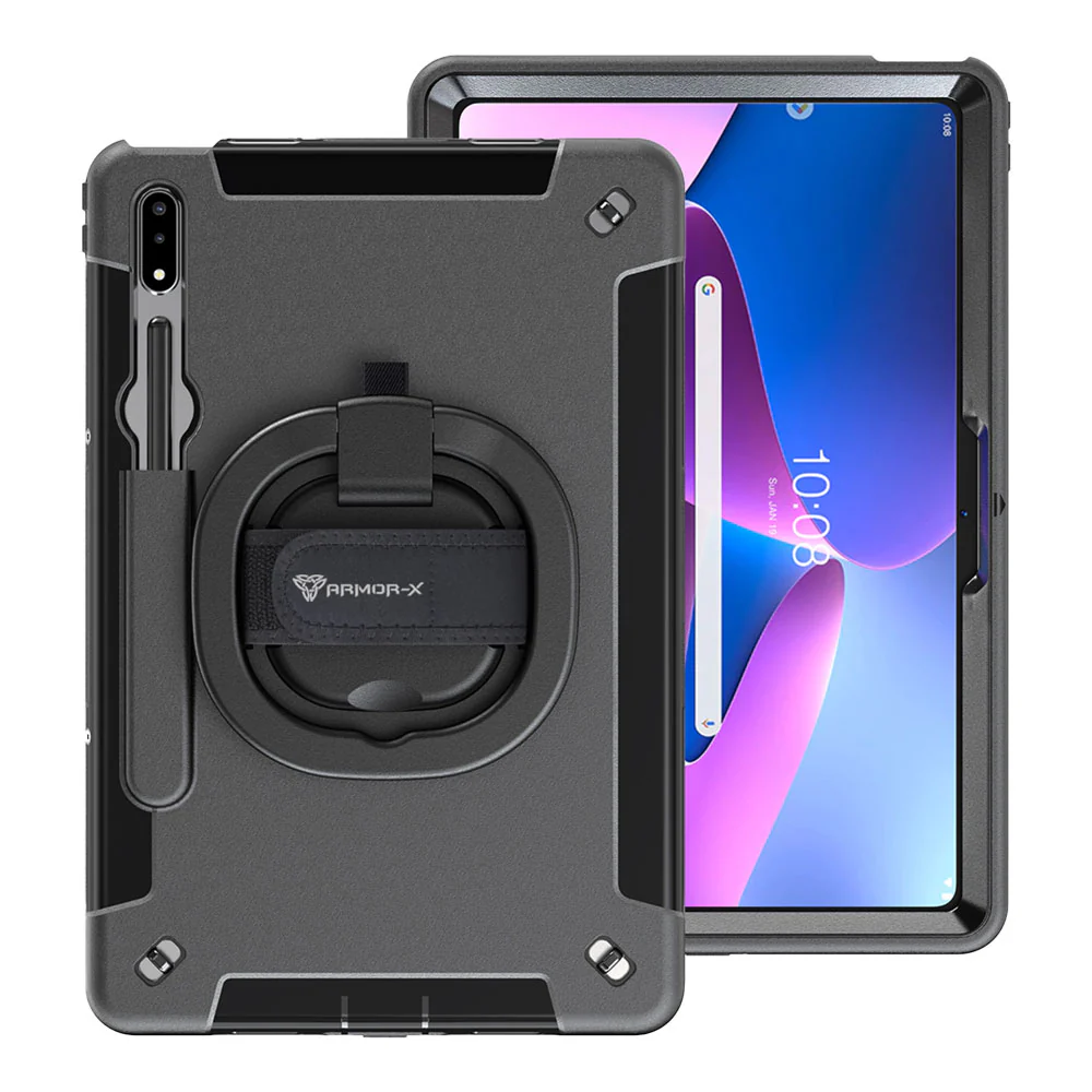 SKN-LN-P12PRO | Lenovo Tab P12 Pro TB-Q706F | Rainproof military grade rugged case with hand strap and kick-stand & folding grip