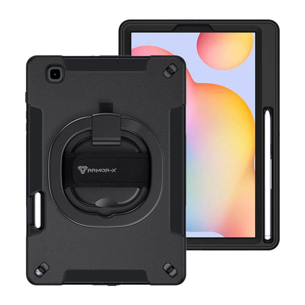 SKN-SS-P610 | Samsung Galaxy Tab S6 Lite SM-P620 P625 (2024) / SM-P613 P619 (2022) / SM-P610 P615 (2020) | Rainproof military grade rugged case with hand strap and kick-stand & folding grip