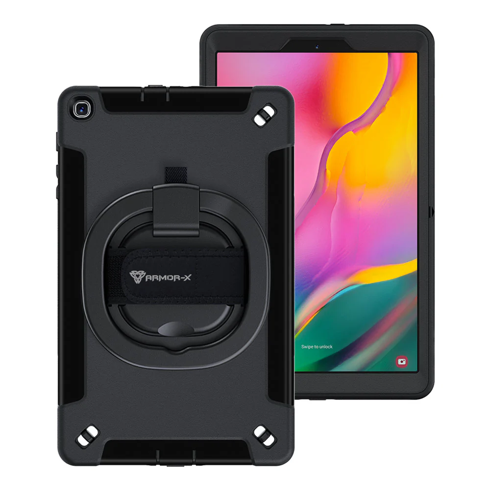 SKN-SS-T515 | Samsung Galaxy Tab A 10.1 (2019) T510 T515 | Rainproof military grade rugged case with hand strap and kick-stand & folding grip