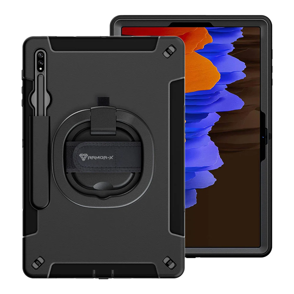 SKN-SS-T970 | Samsung Galaxy Tab S7 Plus S7+ SM-T970 / T975 / T976B | Rainproof military grade rugged case with hand strap and kick-stand & folding grip