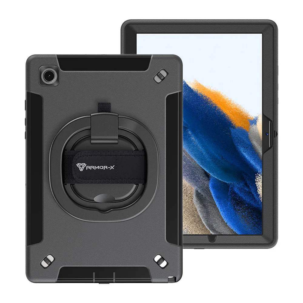 SKN-SS-X205 | Samsung Galaxy Tab A8 SM-X200 / X205 | Rainproof military grade rugged case with hand strap and kick-stand & folding grip