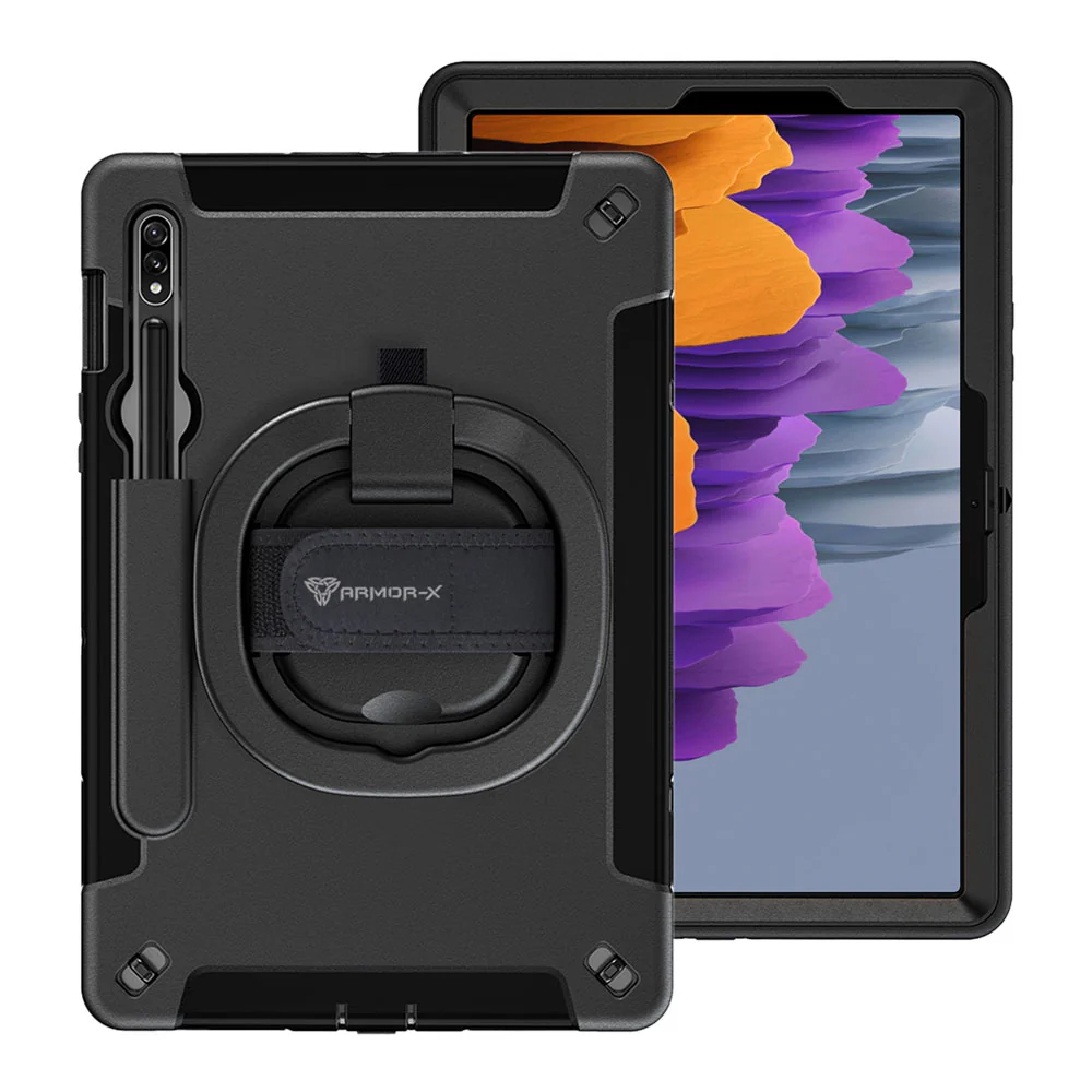 SKN-SS-X700 | Samsung Galaxy Tab S7 SM-T870 / SM-T875 / SM-T876B | Rainproof military grade rugged case with hand strap and kick-stand & folding grip