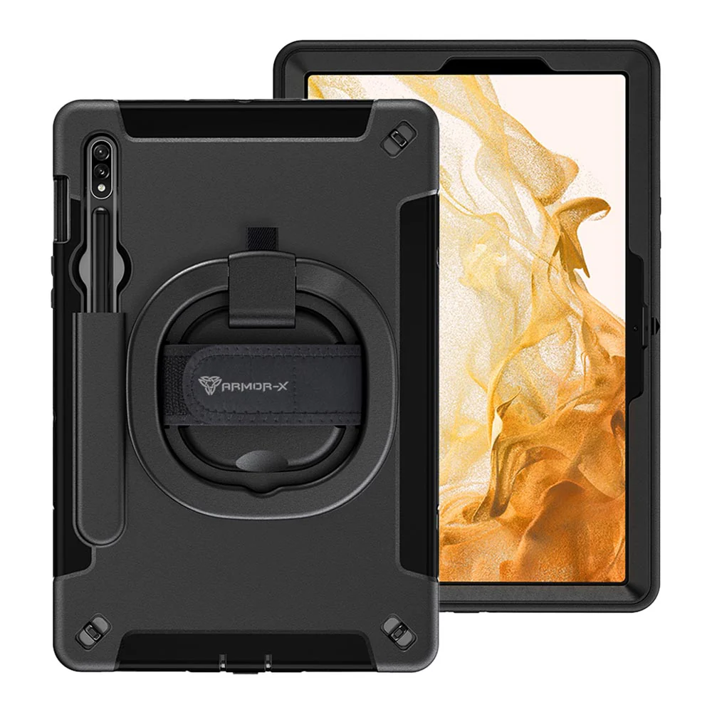 SKN-SS-X700 | Samsung Galaxy Tab S8 SM-X700 / SM-X706 | Rainproof military grade rugged case with hand strap and kick-stand & folding grip