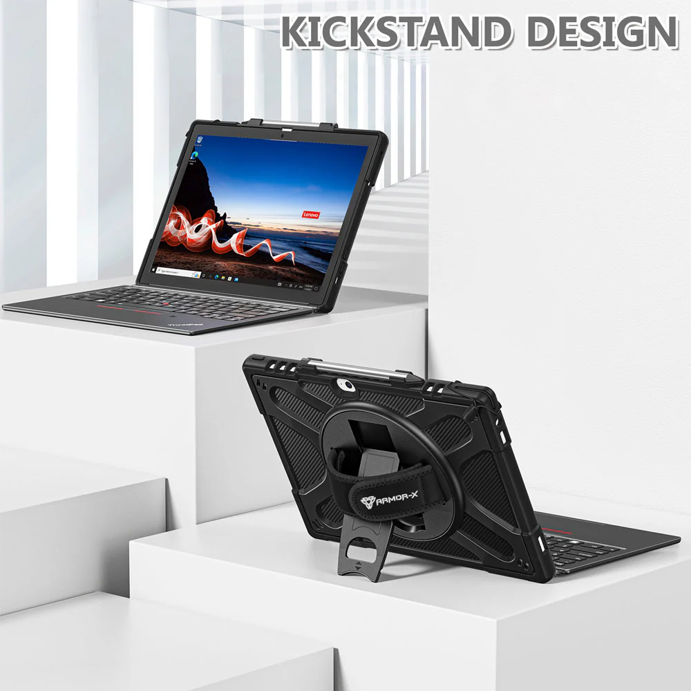 SLN-LN-X12 | Lenovo ThinkPad X12 Detachable ( Gen 1 / Gen 2 ) | Ultra 2 layers shockproof rugged case with hand strap and kick-stand Compatible with keyboard - Image 2