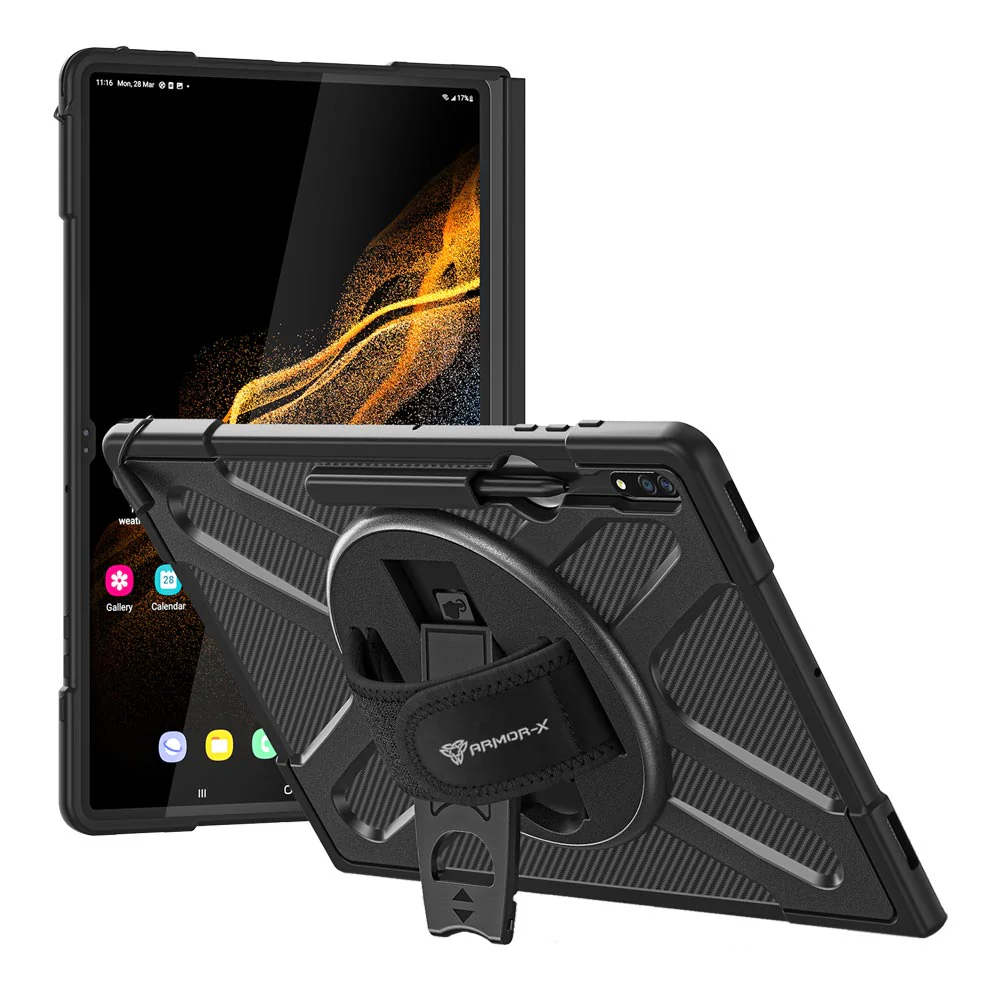 SLN-SS-X900 | Samsung Galaxy Tab S8 Ultra SM-X900 / X906 | Ultra 2 layers shockproof rugged case with hand strap and kick-stand Compatible with keyboard