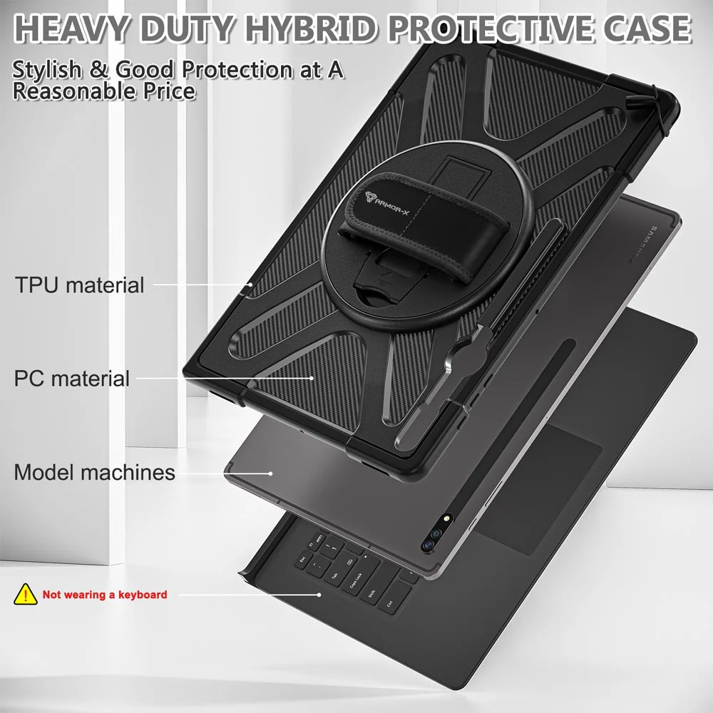 SLN-SS-X900 | Samsung Galaxy Tab S8 Ultra SM-X900 / X906 | Ultra 2 layers shockproof rugged case with hand strap and kick-stand Compatible with keyboard - Image 2