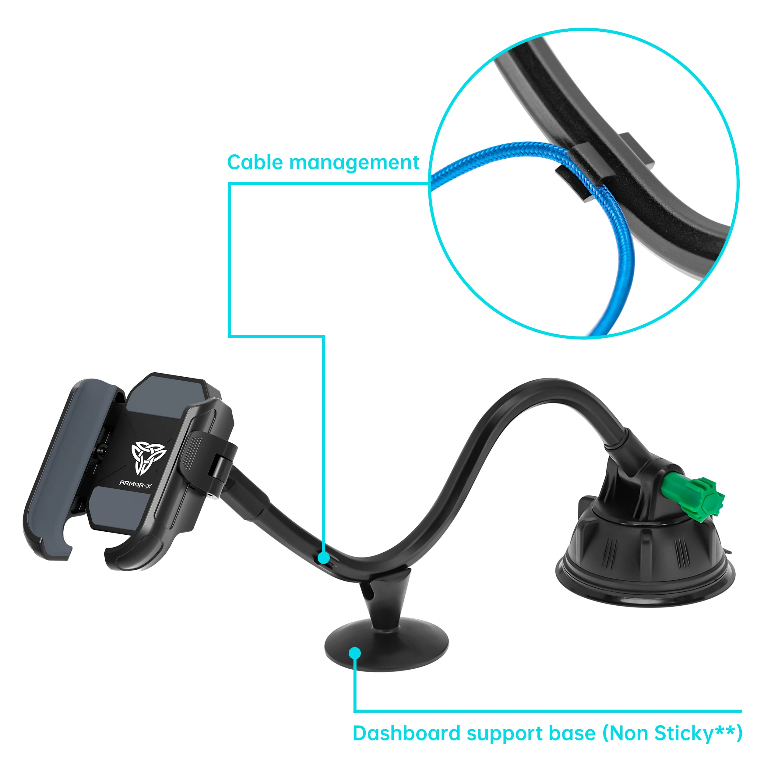 UCP-X183 | Truck / Work Van / Bus Dashboard Extra Long Suction Cup Car Universal Mount With Cable Management Design | Design for Phone - Image 3