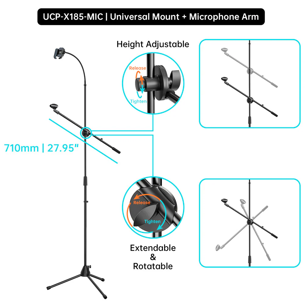 UCP-X185 | Tripod Floor Stand Universal Mount With Boom Microphone Arm | Design for Phone - Image 5